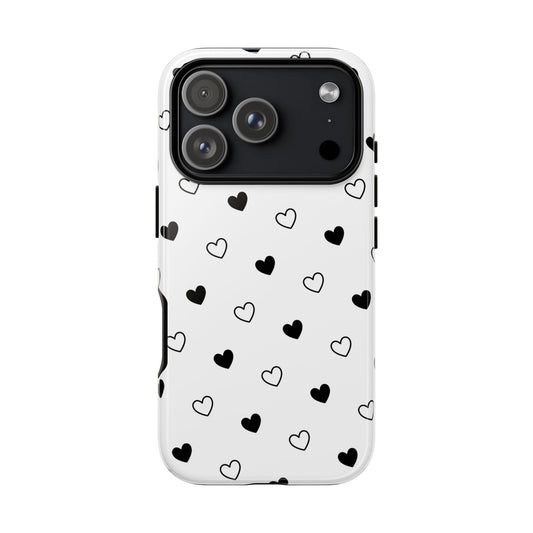Minimalist Black Heart Pattern Tough Case,  Aesthetic Monochrome iPhone Samsung Google. Protective White Hearts Phone Cover | Cute Romantic Gift
